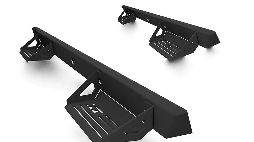 840121412890 – ICI STAINLES Nerf Bar, With Drop Down Steps Powder Coated Black Aluminum Rocker Panel Mount